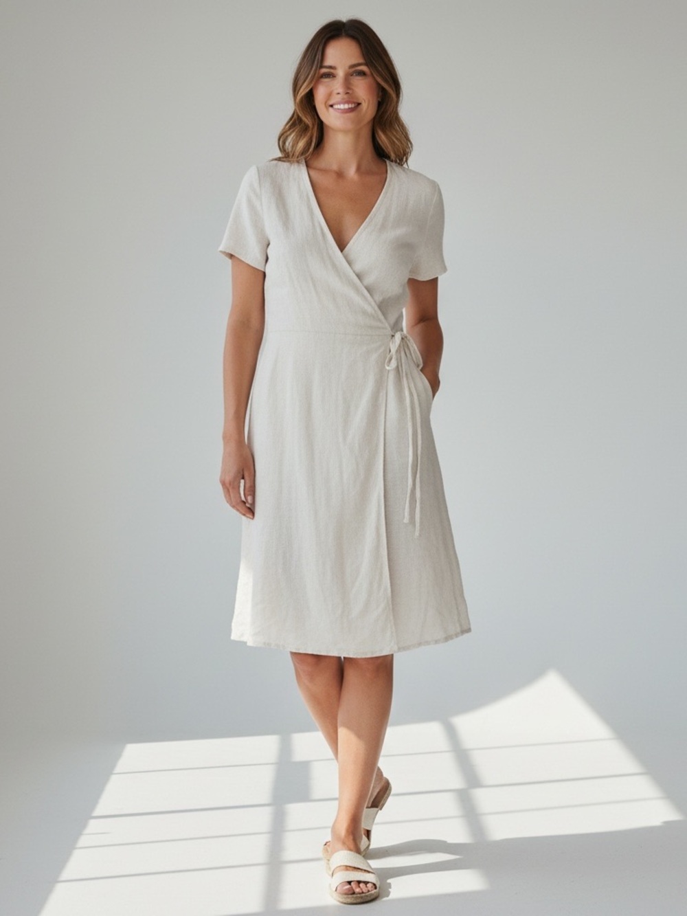 Monteau Wrap Dress Small Ivory Linen Blend Tie Waist summer capsule